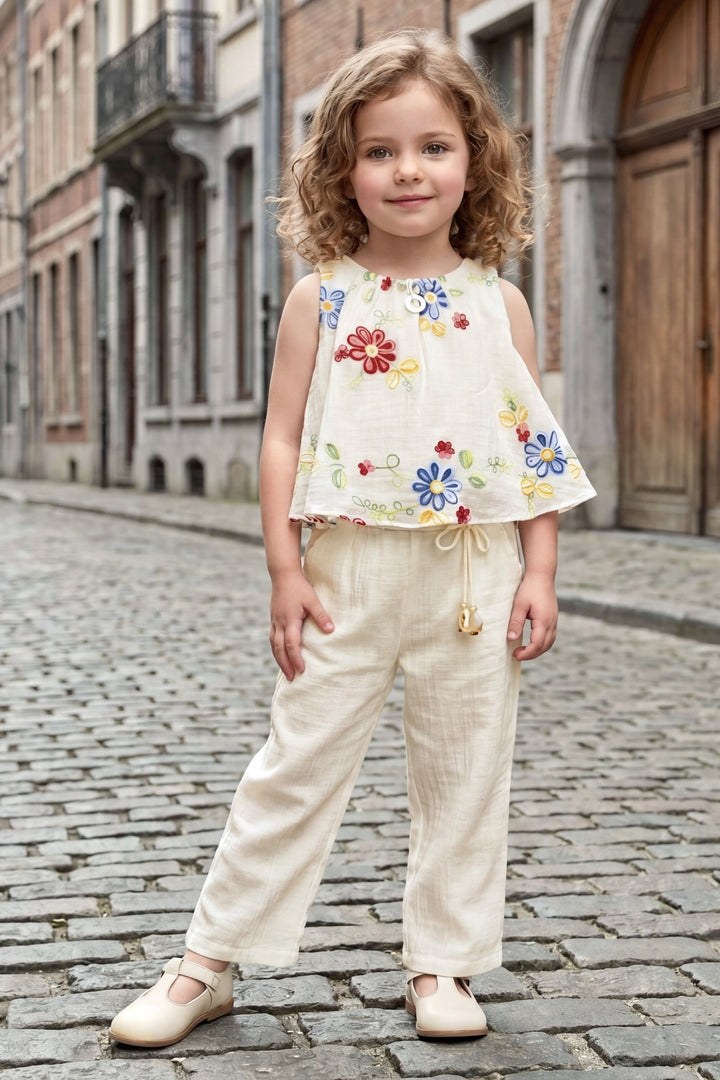 Cream Multicolor Embroidery Top and Palazzo Set for Girls