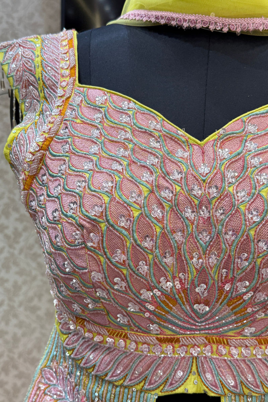 Lemon Yellow Multicolor Embroidery, Sequins and Beads work Crop Top Lehenga