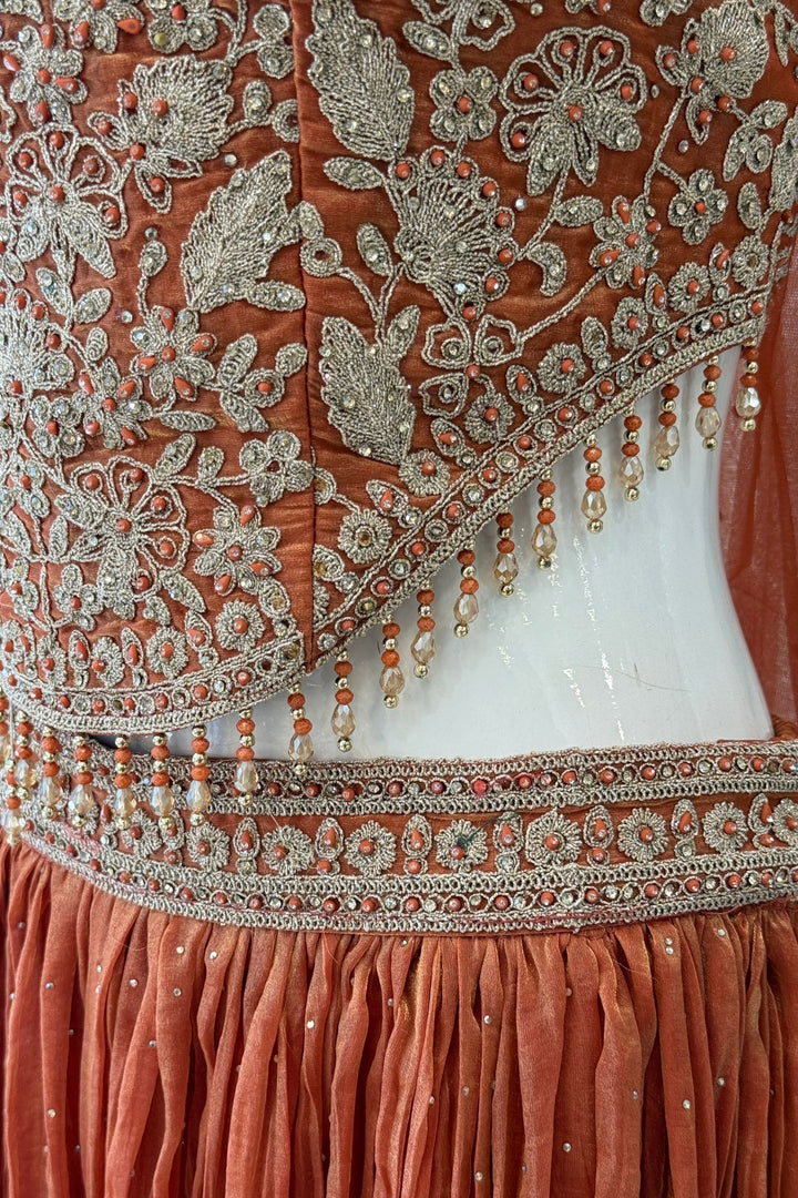 Rust Zari Thread, Stone and Beads work Palazzo Set with Corset Top