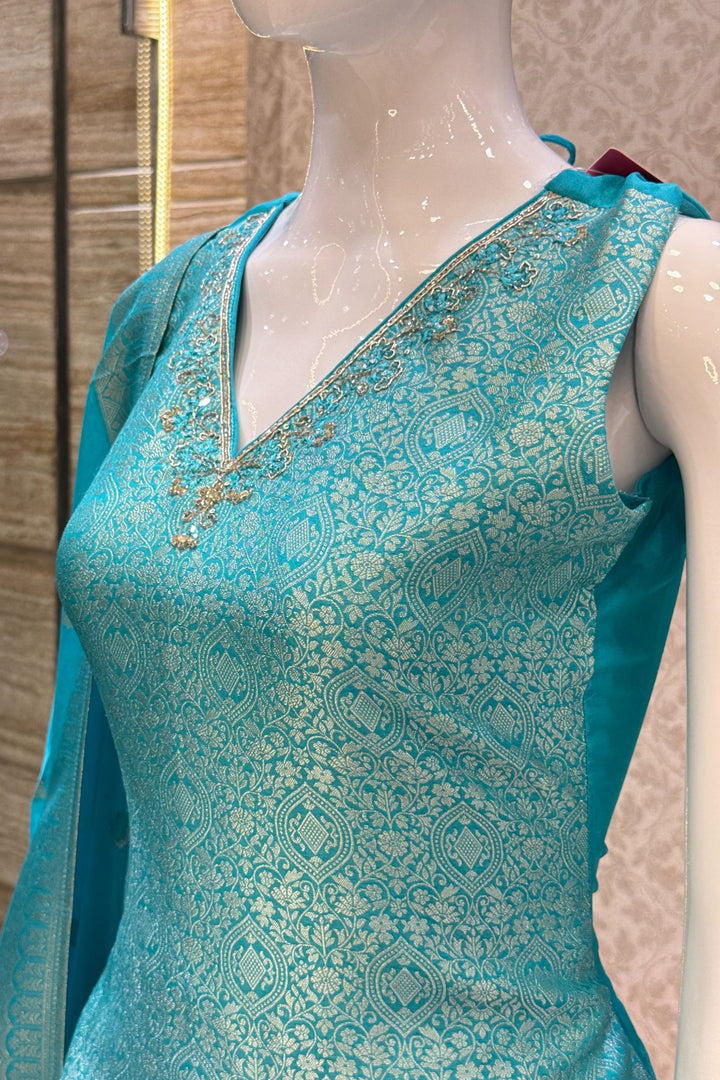 Firozi Blue Jacquard, Beads, Zardozi, Mirror and Sequins work Straight Cut Salwar Suit