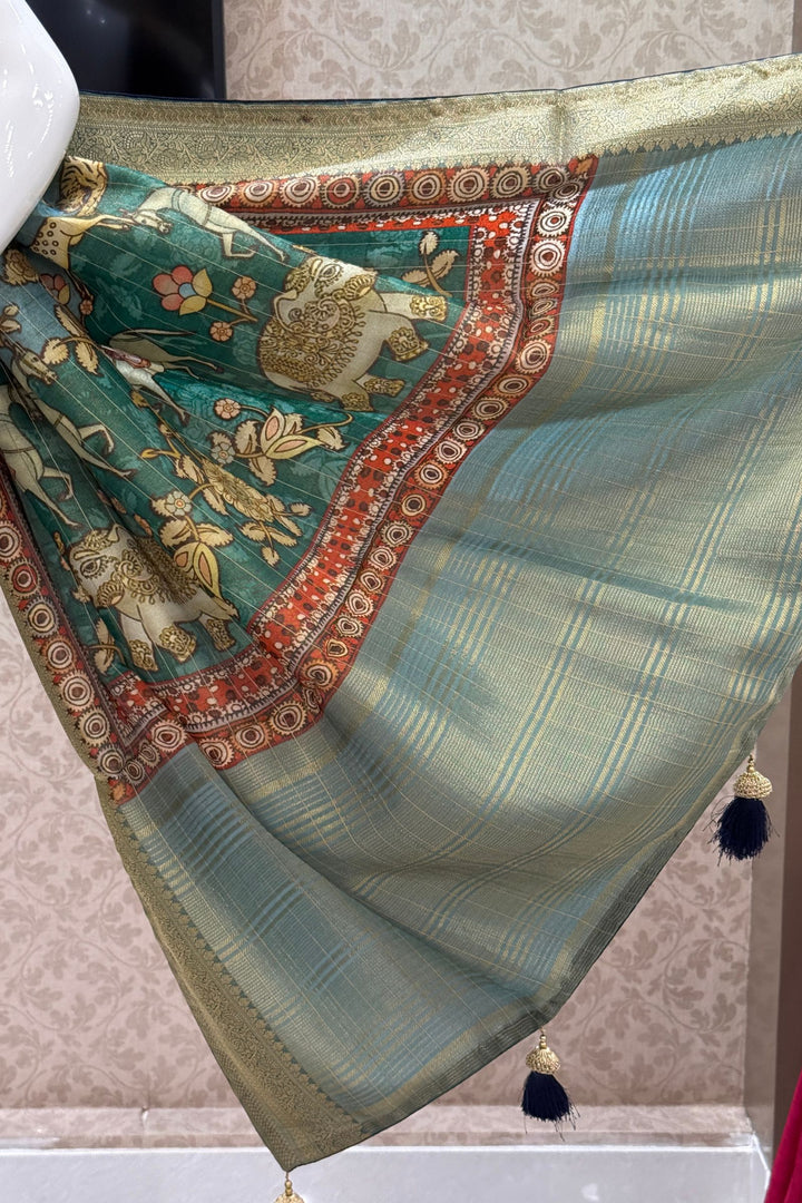 Dusty Blue Saree with Traditional Kalamkari Prints and Banaras Zari Border