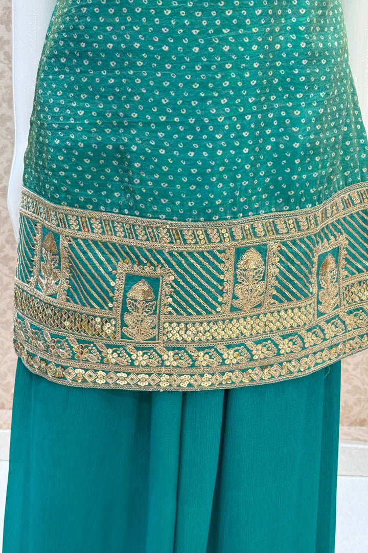 Rama Green Sequins, Beads, Stone and Zari work with Bandini Print Palazzo Salwar Suit