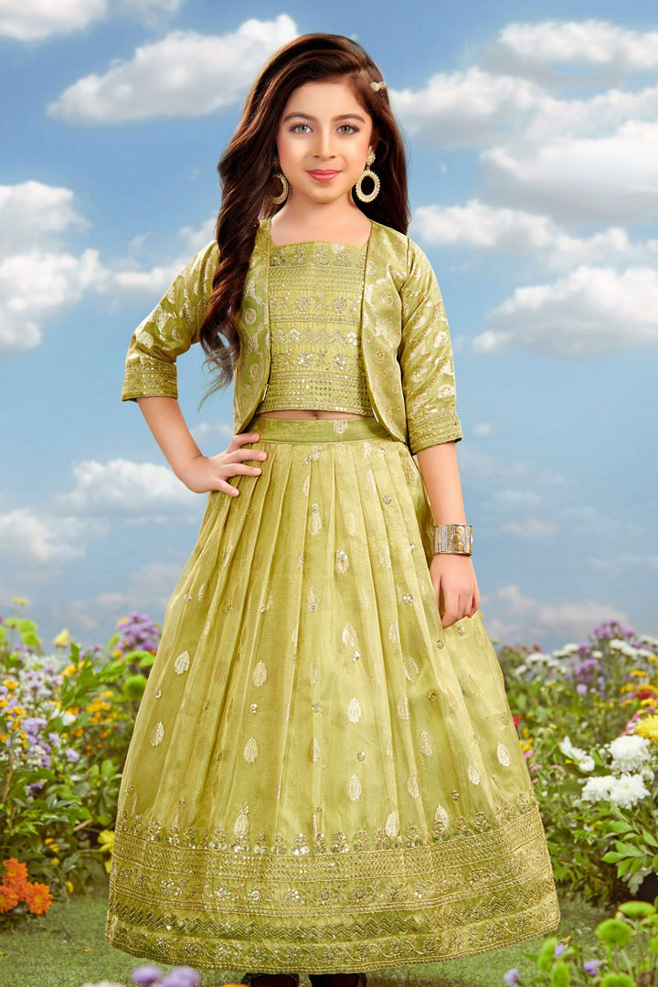 Lemon Yellow Sequins and Zari work Overcoat Styled Lehenga Choli for Girls