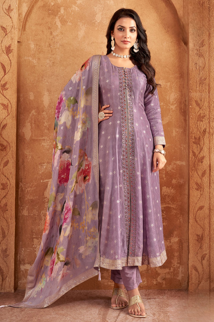 Lavender Banaras, Zardozi, Stone and Beads work Salwar Suit with Straight Pants