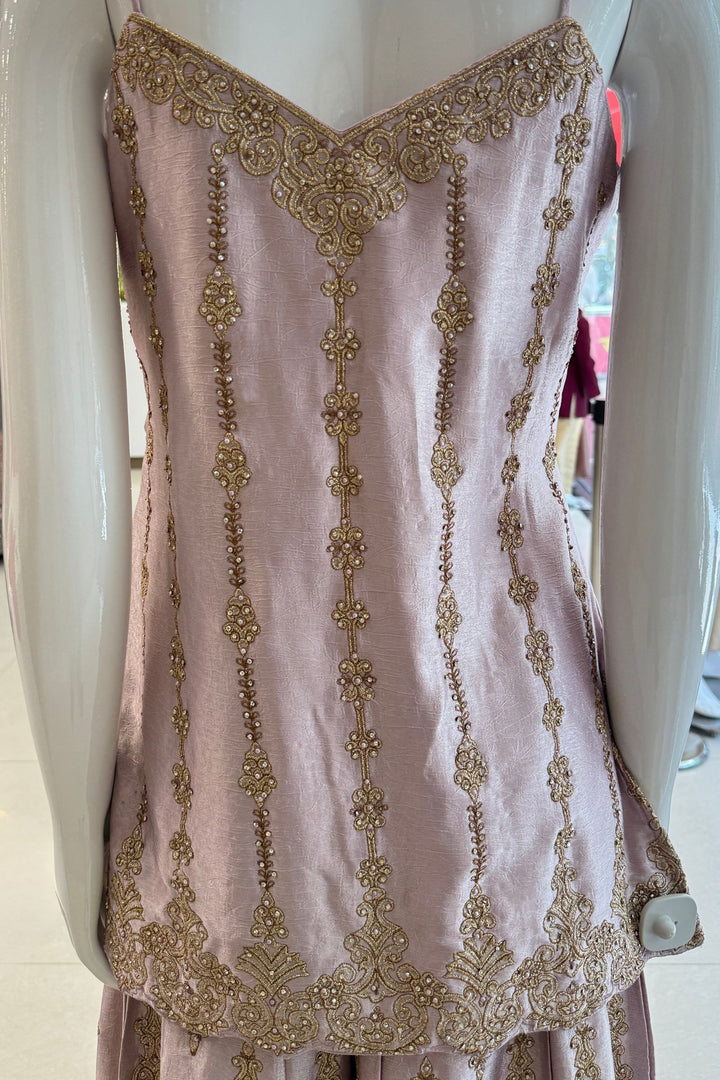 Lilac Palazzo Salwar Suit with Stone, Zari, Thread and Pearl Detailing