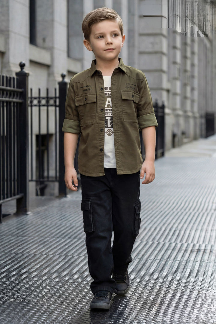 Green Blazer, Printed T-Shirt and Black Pant Set for Boys