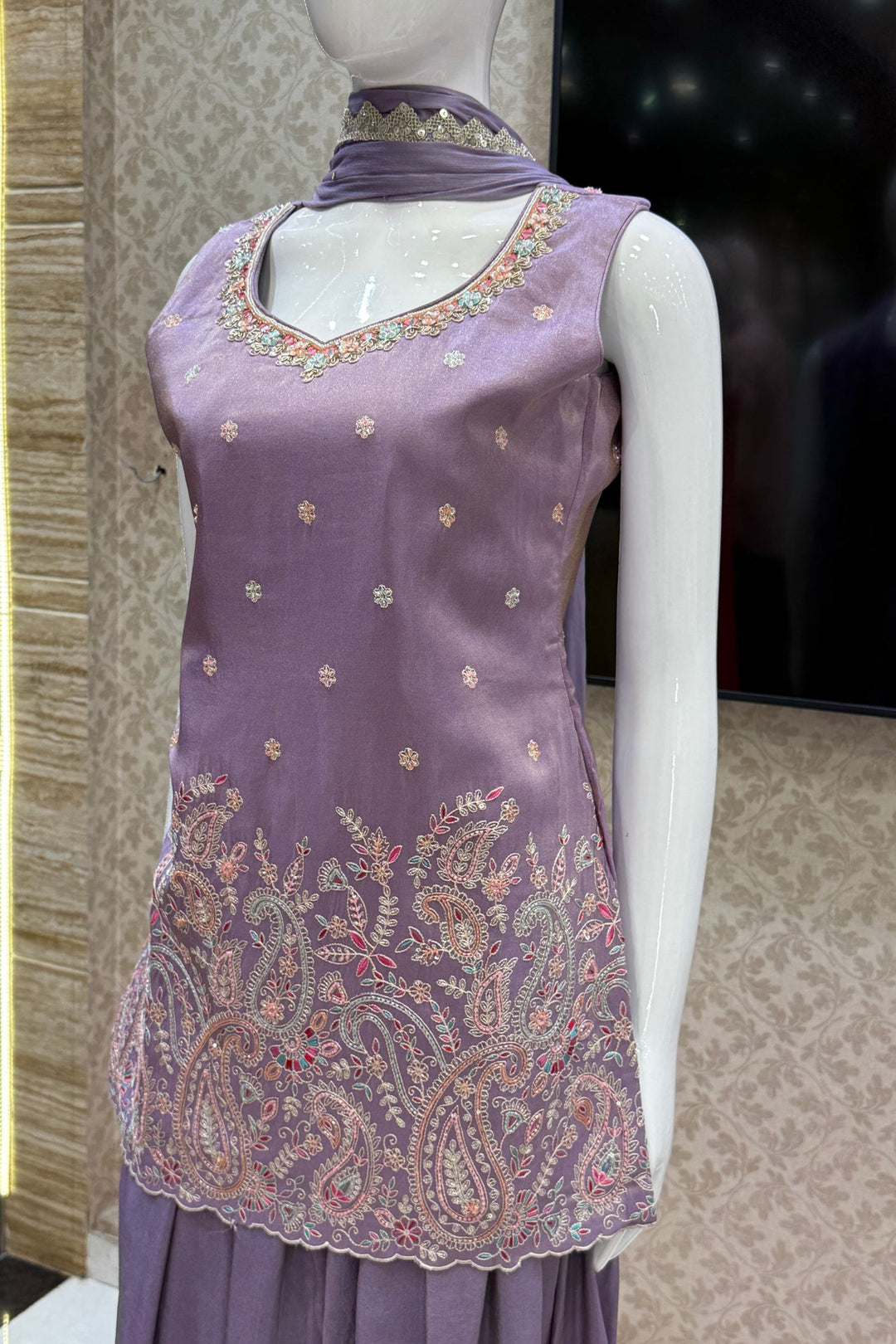 Lavender Thread, Beads, Sequins, Zardozi and Mirror work Palazzo Salwar Suit