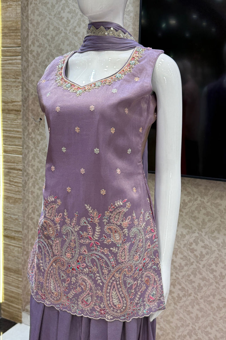 Lavender Thread, Beads, Sequins, Zardozi and Mirror work Palazzo Salwar Suit