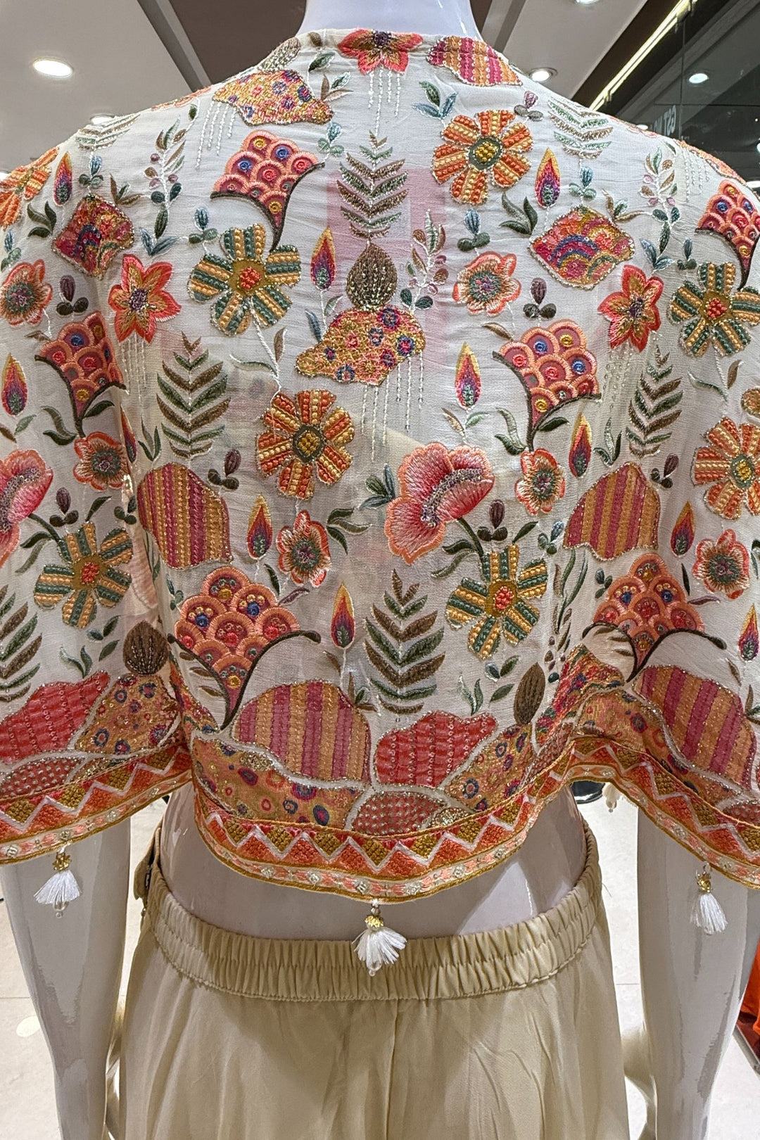 Cream Beads and Multicolor Thread work Crop Top with Overcoat Styled Palazzo Suit Set