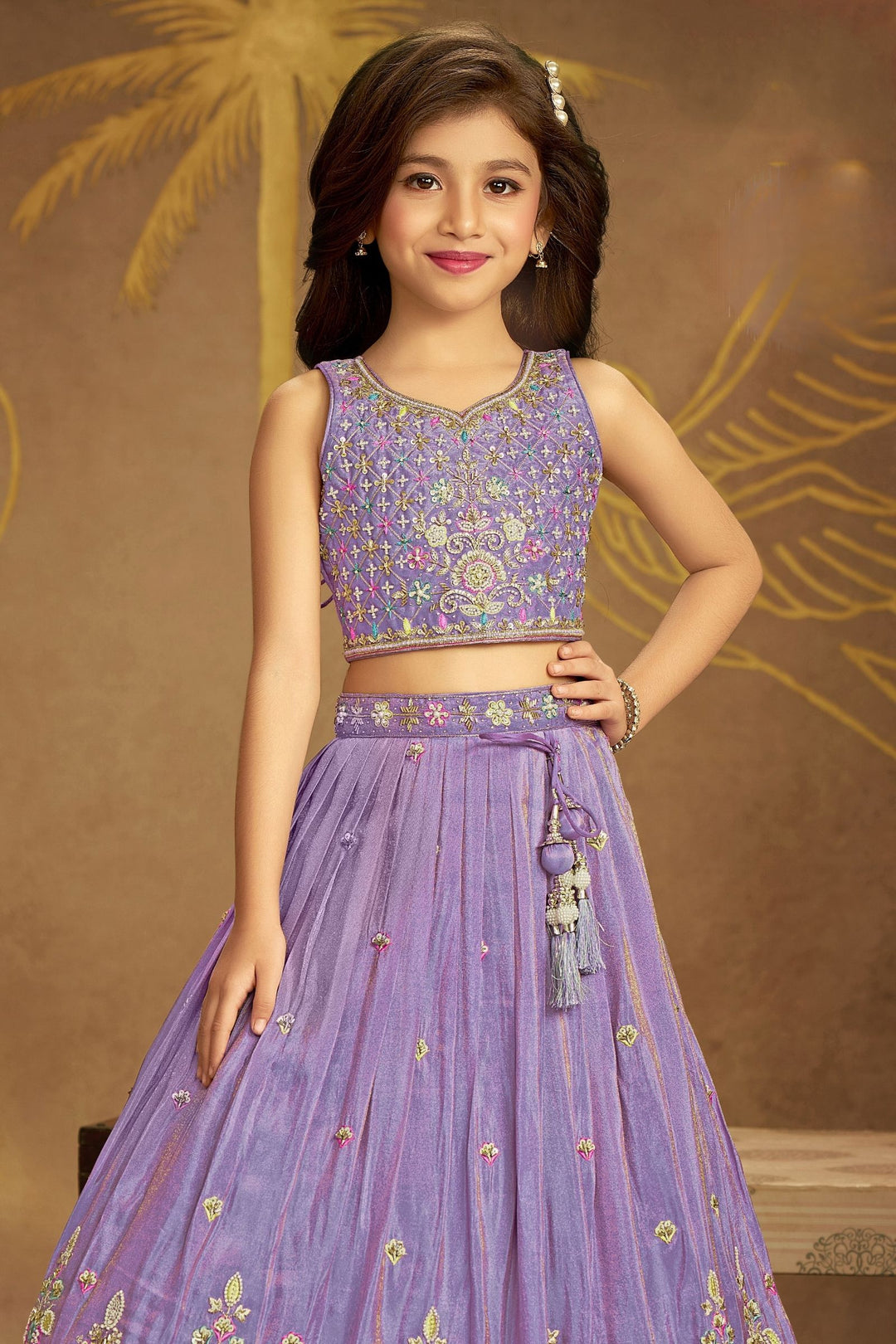Lavender Beads, Stone, Zari and Multicolor Thread work Lehenga Choli for Girls