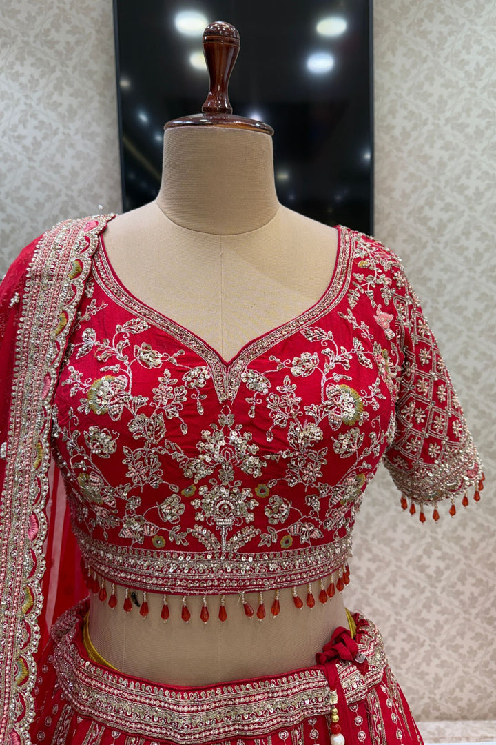 Red Handcrafted Bridal Lehenga with Intricate Zardozi, Sequins, Pearl and Zari Detailing