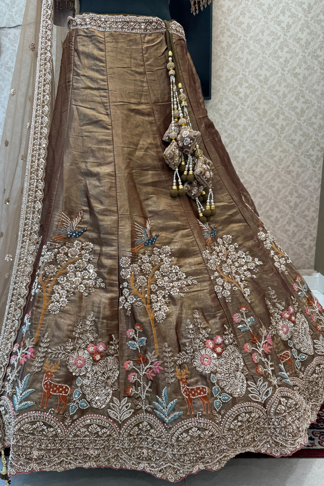 Bridal Organza Lehenga with Hand-Embroidered Birds and Floral Forest Motifs