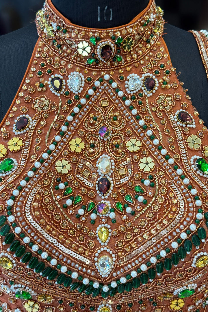 Rust Beads, Zardozi, Stone, Sequins and Pearl work with Halter Neck Crop Top Lehenga