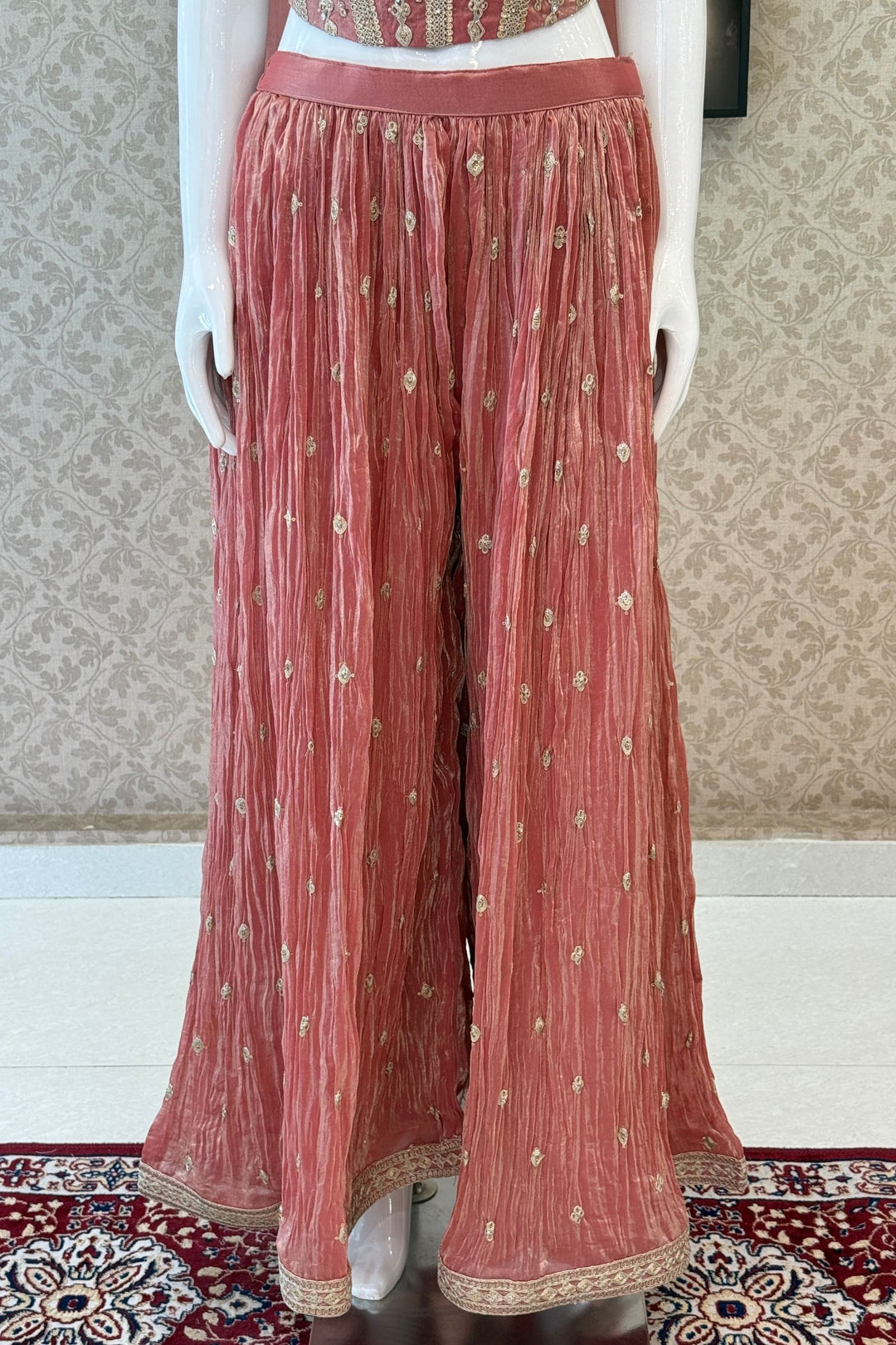 Peach Zari Thread, Mirror and Stone work Palazzo Set with Corset Top