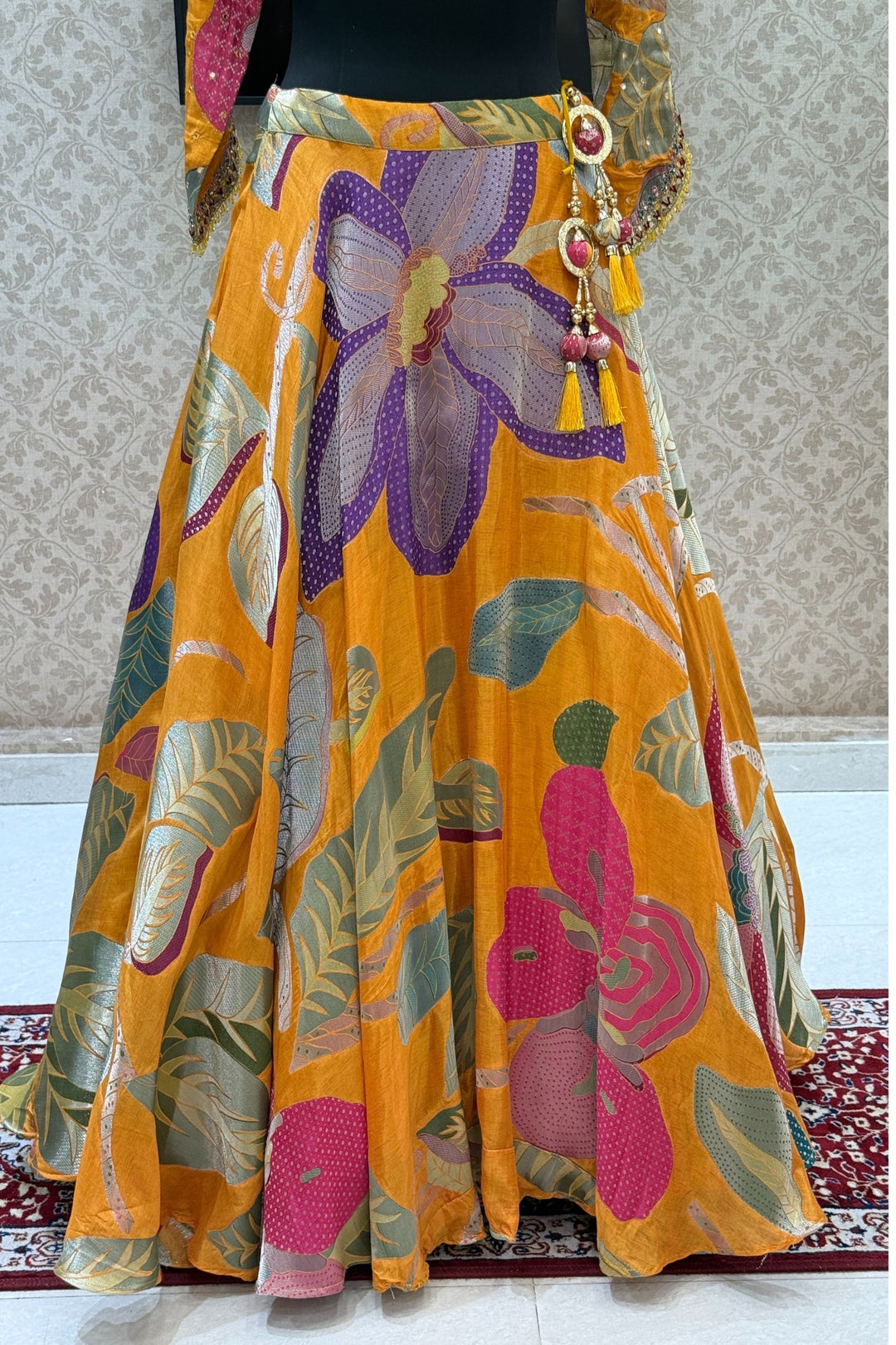 Yellow Zardozi, Beads, Sequins, Zari, Mirror and Floral work Crop Top Lehenga