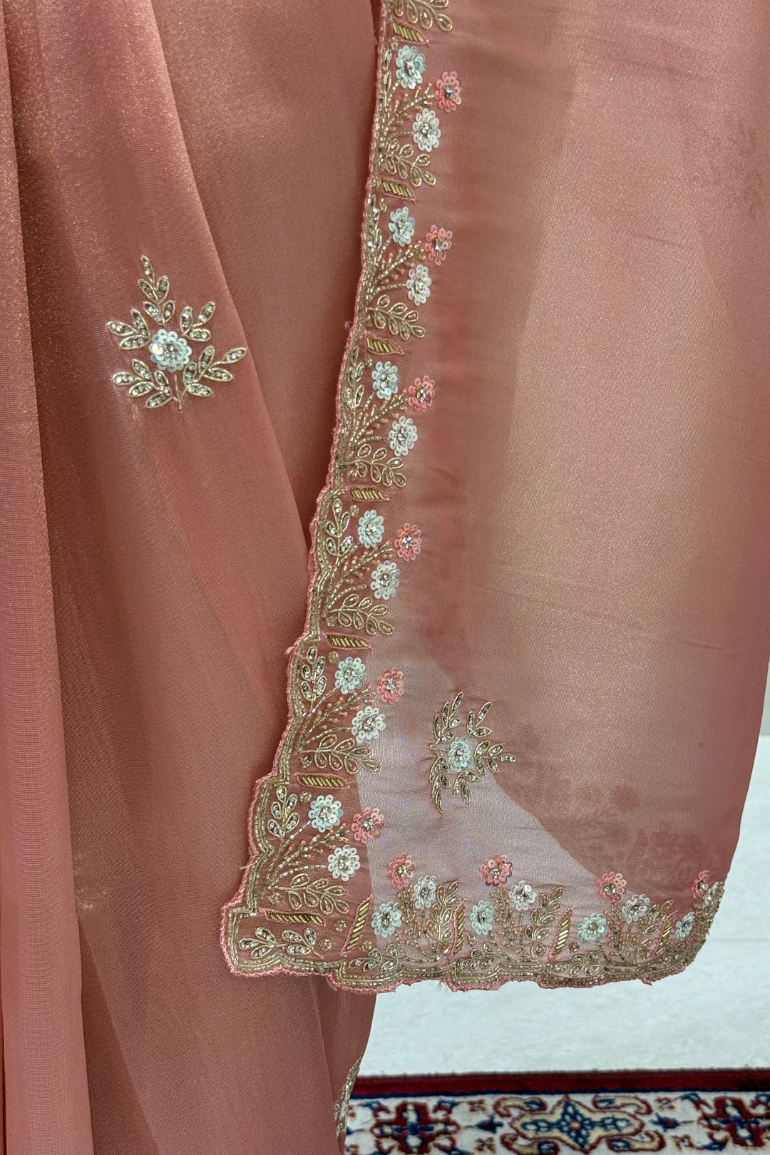 Peach Stone, Sequins, Zardozi and Beads work Saree