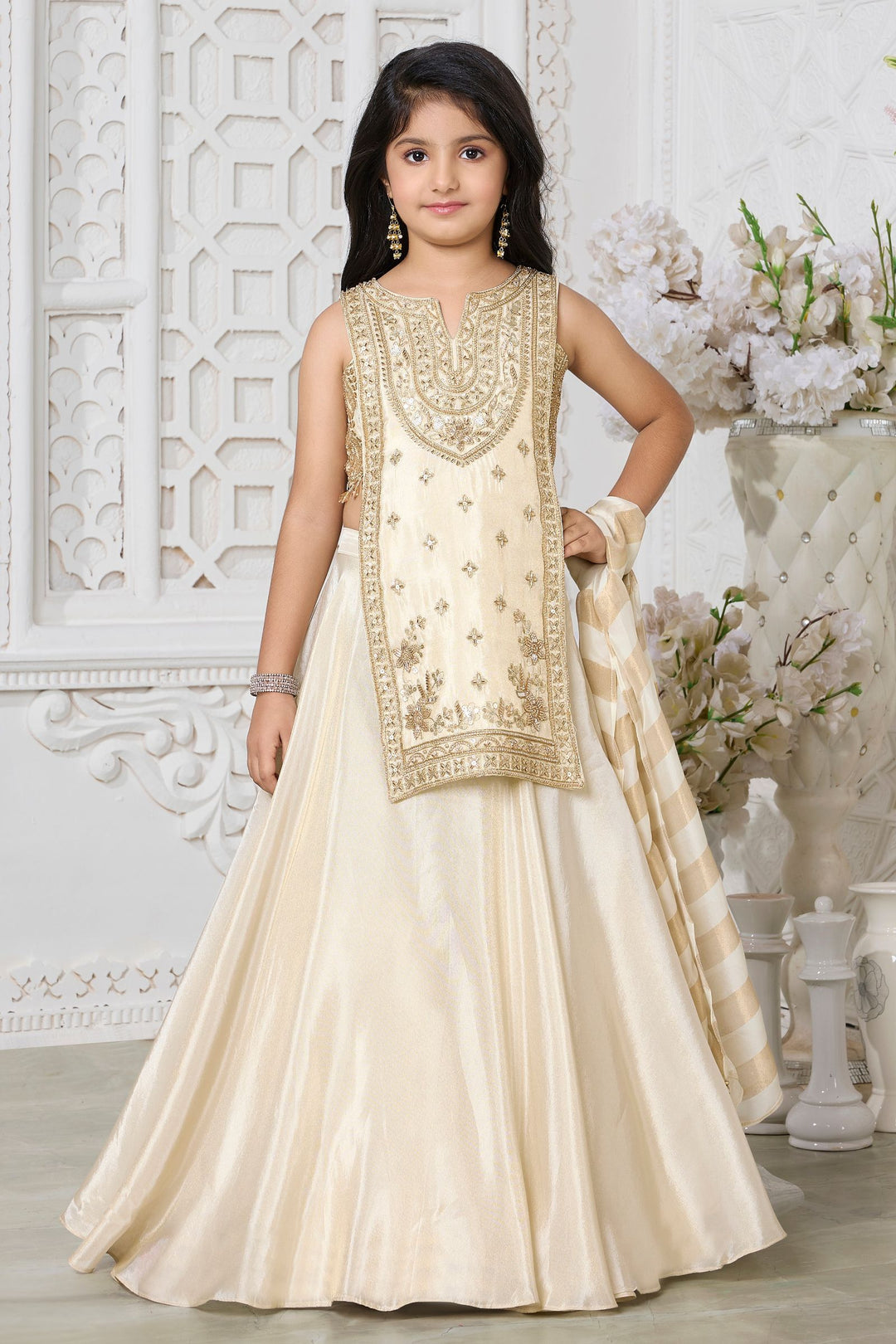 Fawn Indo-Western Styled Beads, Sequins and Zari work Lehenga Choli for Girls