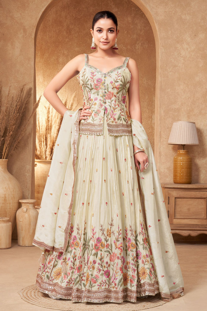 Cream Multicolor Embroidery, Sequins, Zari and Zardozi work Peplum Style Lehenga