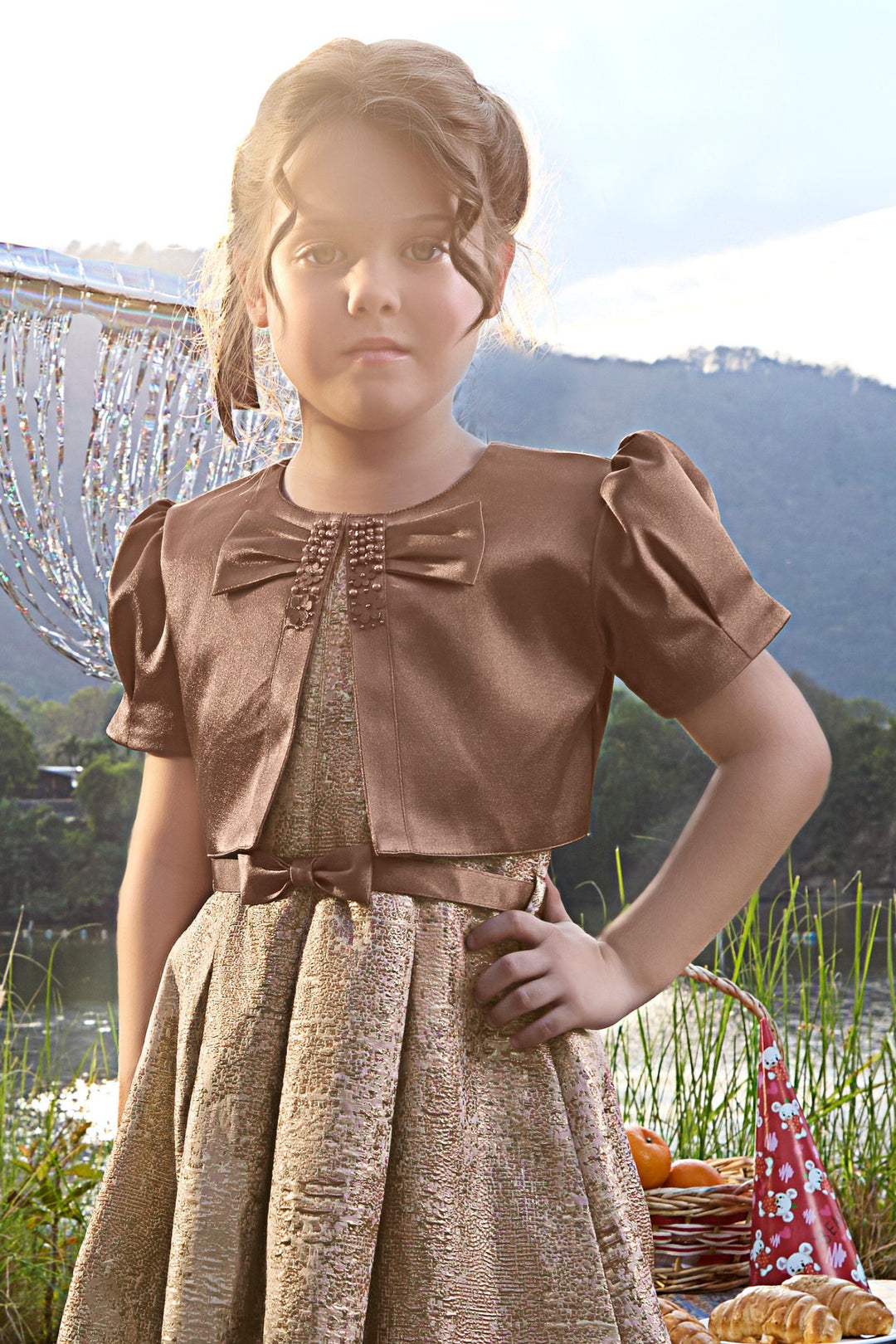 Brown Jacket Styled Short Frock For Girls