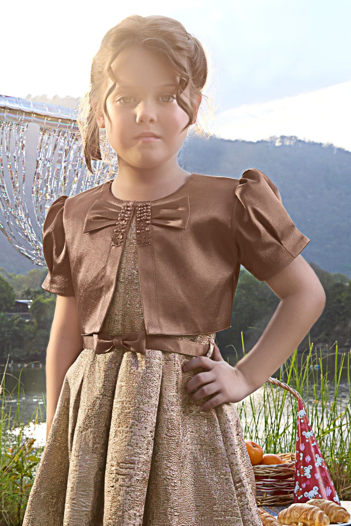 Brown Jacket Styled Short Frock For Girls