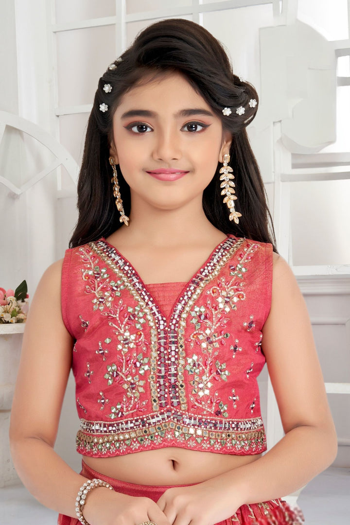 Tomato Red Mirror, Zardozi, Zari, Beads and Sequins work Lehenga Choli for Girls