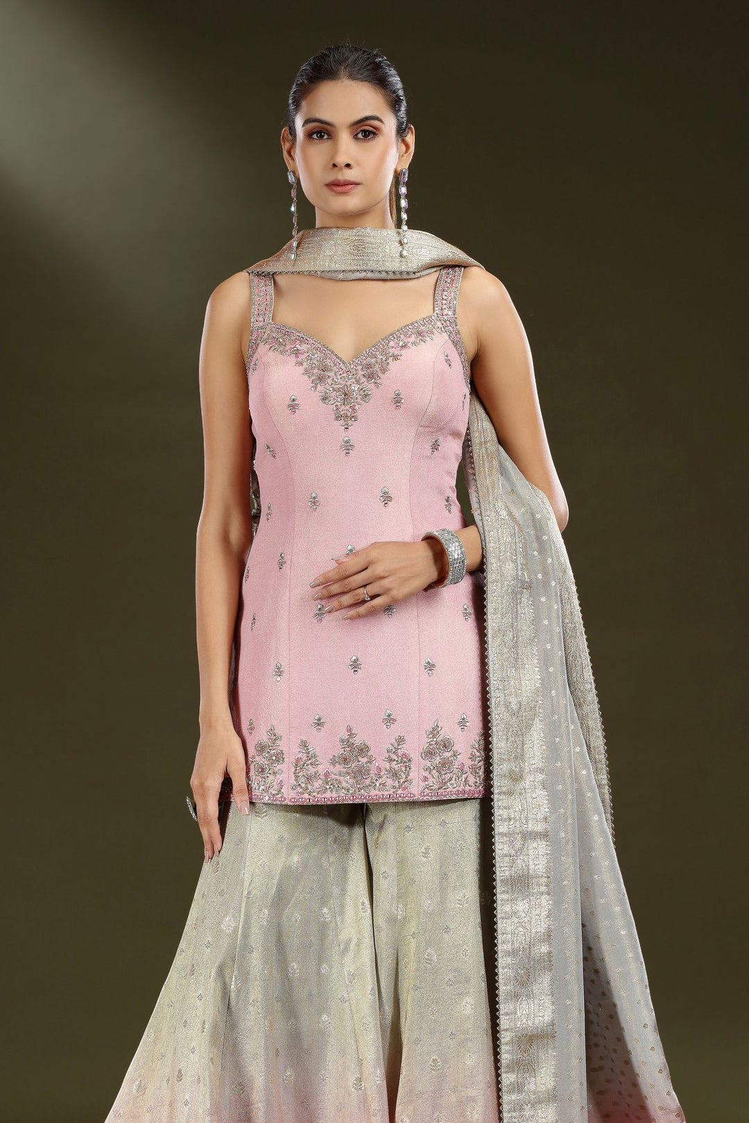 Baby Pink with Grey Mirror, Sequins, Beads, Zari, Stone and Banaras work Palazzo Salwar Suit