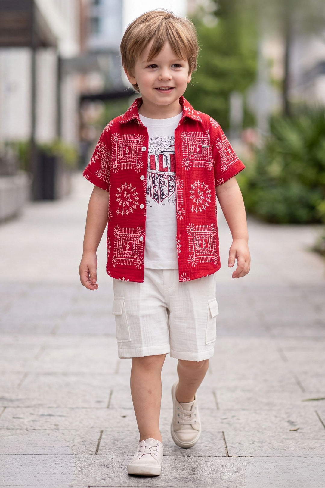 Red with White Printed Boys Co-Ord Set