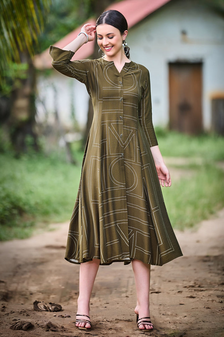 Mehendi Green Beads work with Printed Anarkali Styled Long Kurti