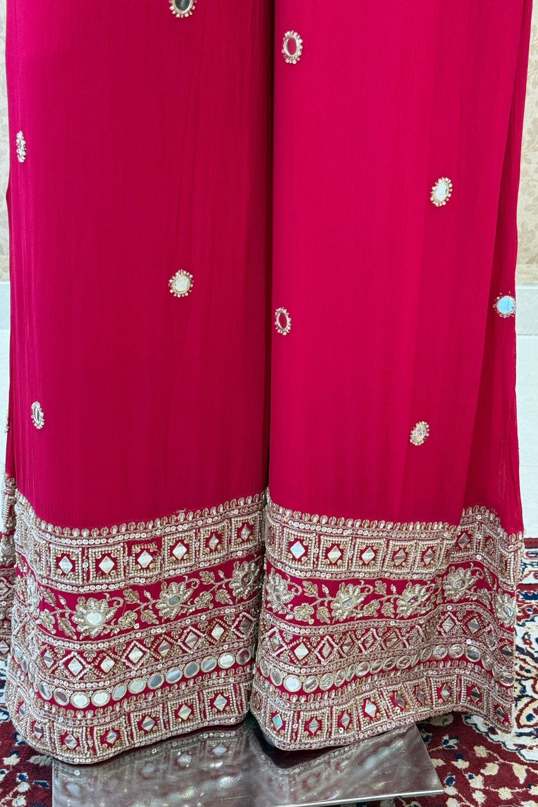 Rani Pink Mirror, Beads, Sequins and Zari work Palazzo Salwar Suit