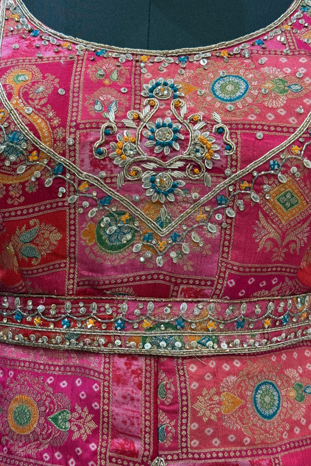 Rani Pink with Cream Banaras, Beads, Sequins, Zari and Stone work Peplum Style Lehenga