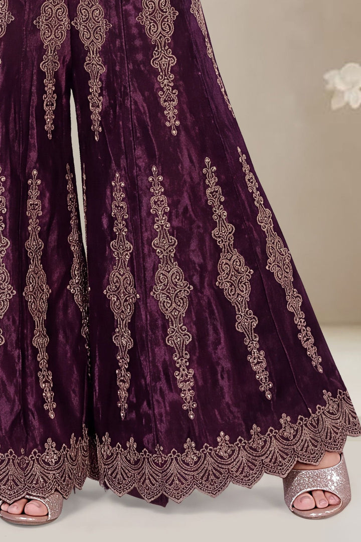 Wine Stone and Zari work Palazzo Suit Set for Girls