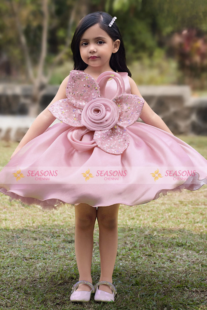 Peach Sequins and Beads work Short Partywear Frock for Girls