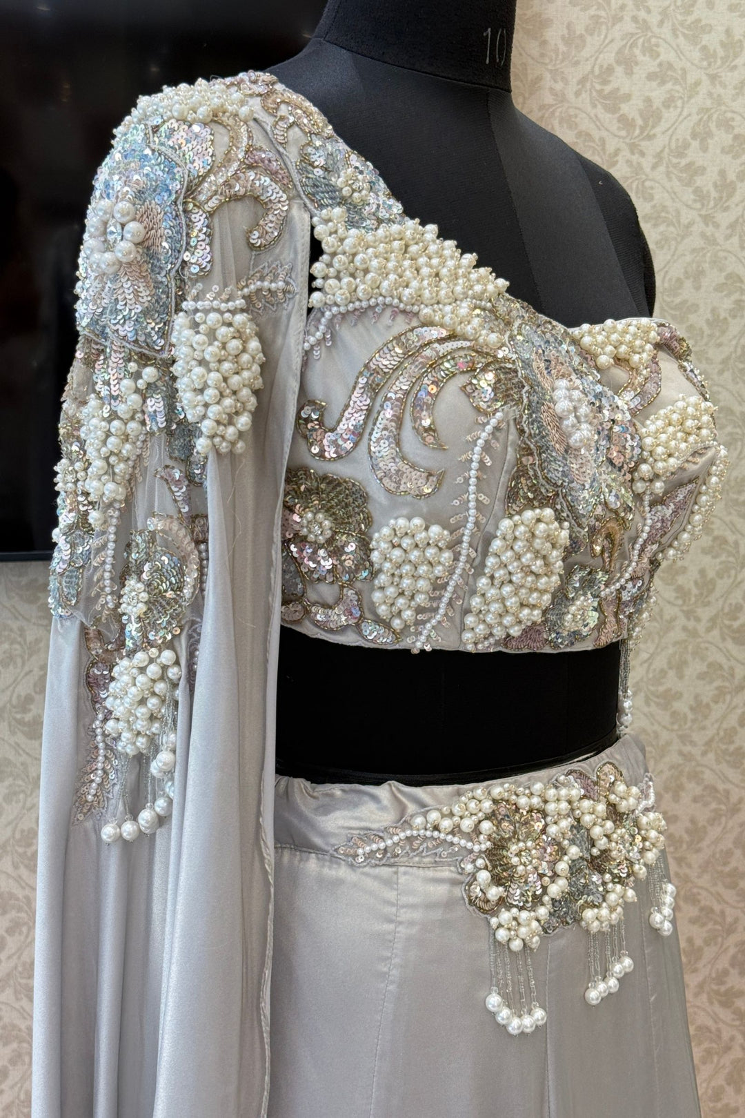Grey Pearls, Sequins and Beads work Indo-Western Styled Lehenga