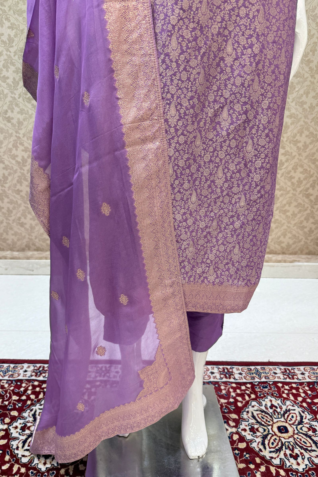 Lavender Zardozi, Stone, Thread and Brocade work Straight Cut Salwar Suit