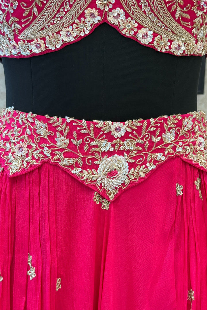 Rani Pink Sequins, Beads, Mirror, Zardozi and Zari work Crop Top Lehenga