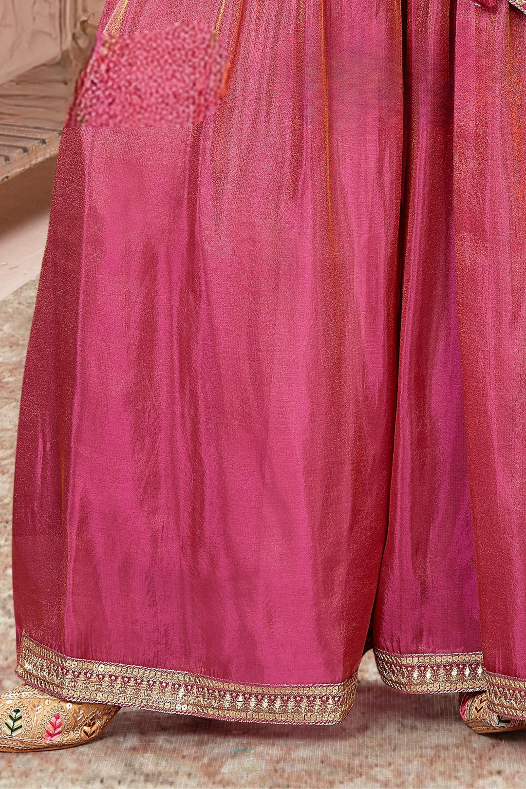 Rose Pink Sequins and Zari work Poncho Palazzo Set for Girls