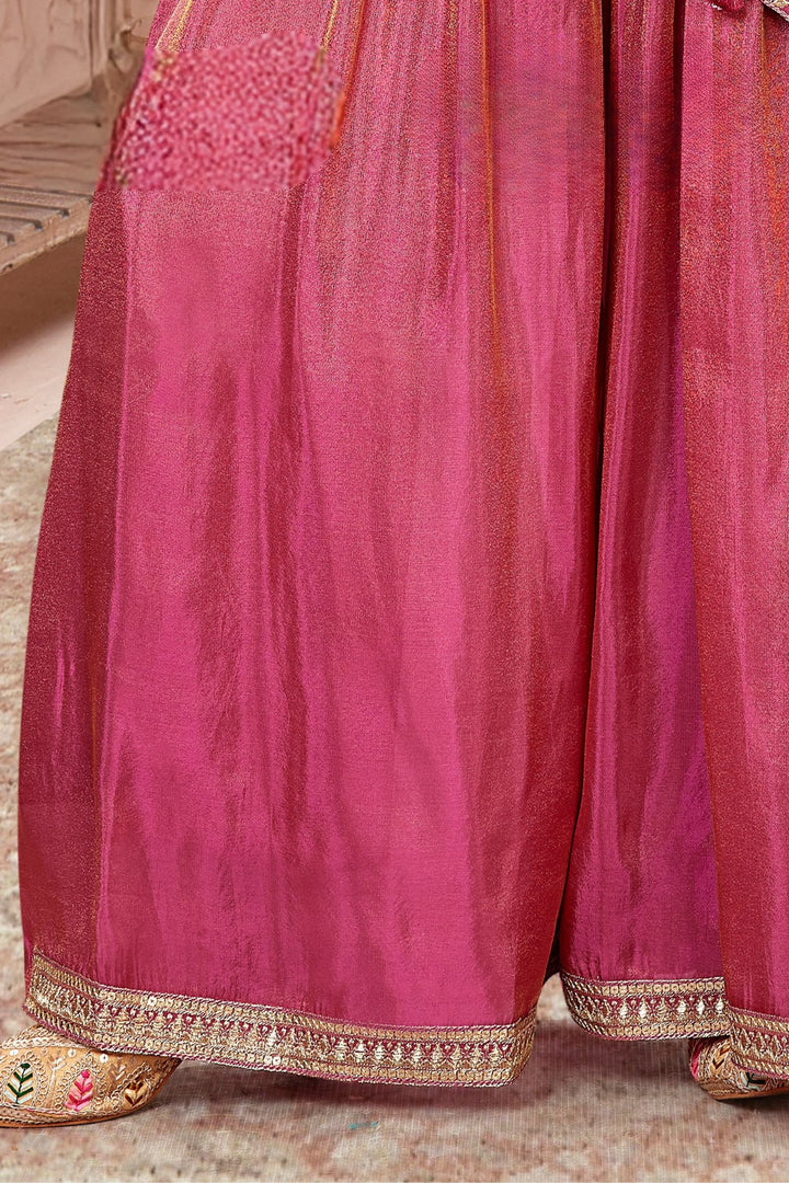 Rose Pink Sequins and Zari work Poncho Palazzo Set for Girls