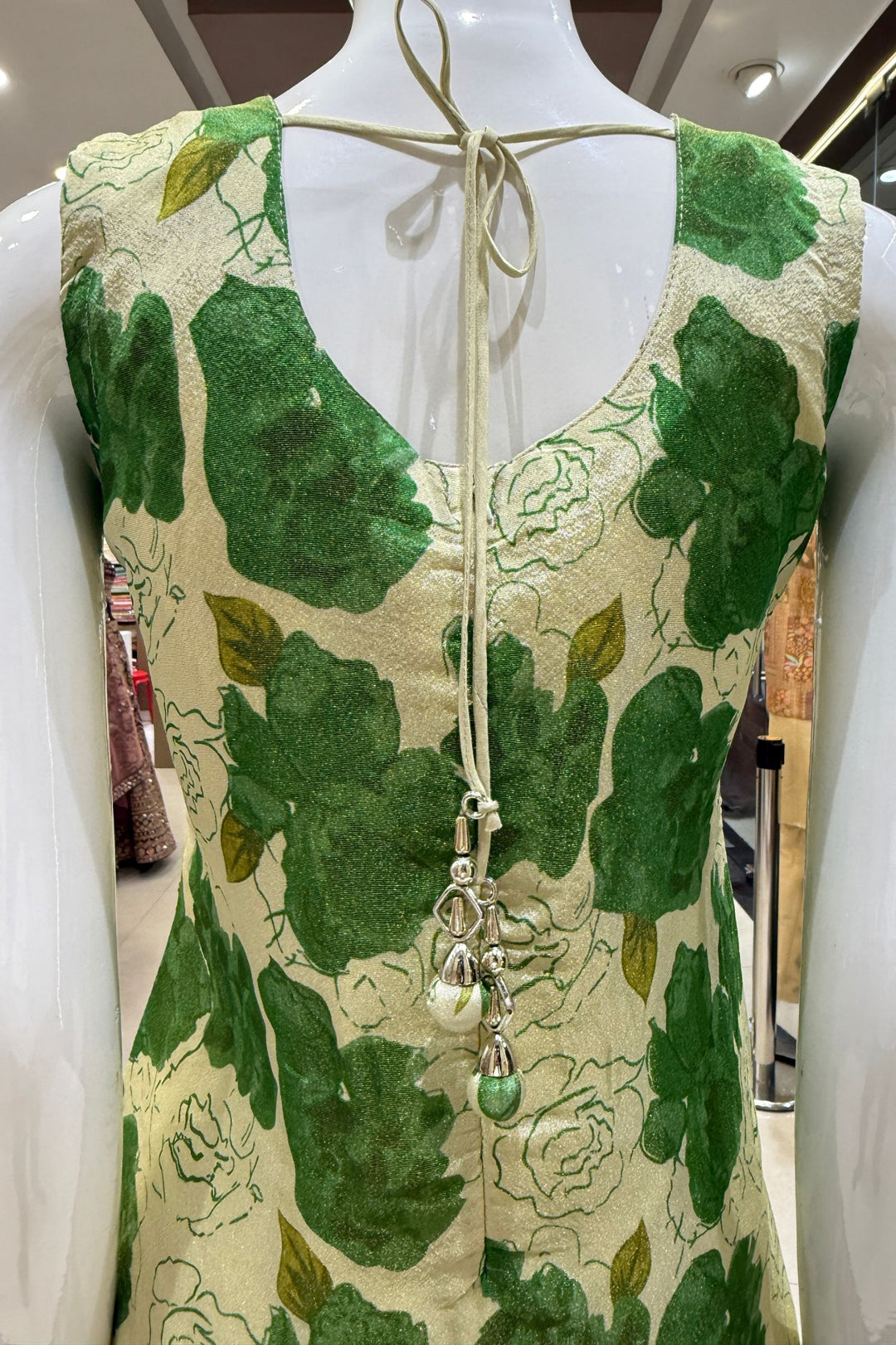 Beige with Green Floral Print with Zardozi and Mirror work Straight Cut Salwar Suit