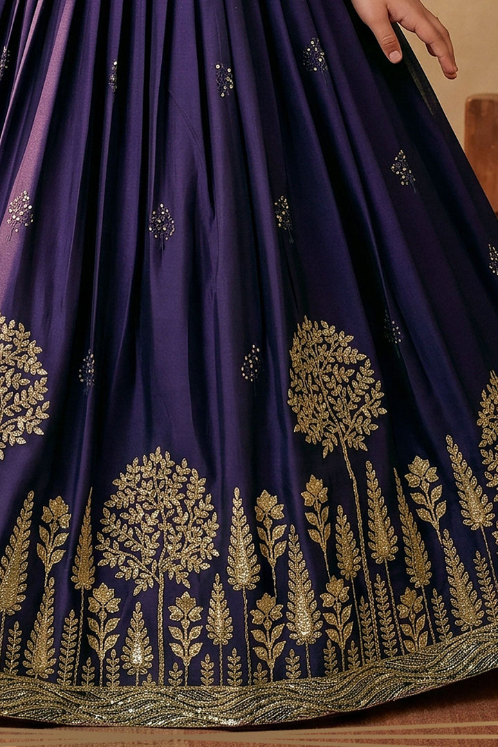 Royal Purple Halter Neck Girls Lehenga Choli with Gold Zari Embroidery and Sequins work