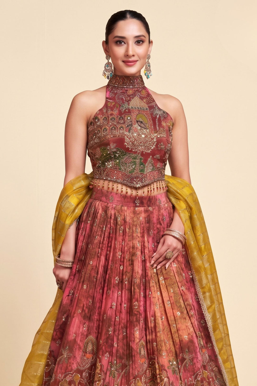 Maroon and Rose Designer Halter Neck Lehenga Set with Mustard Dupatta