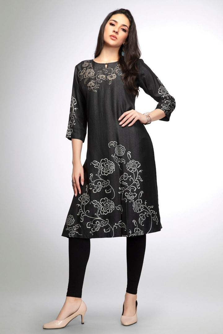 Black Thread and Stone work with Floral Print Calf Length Kurti