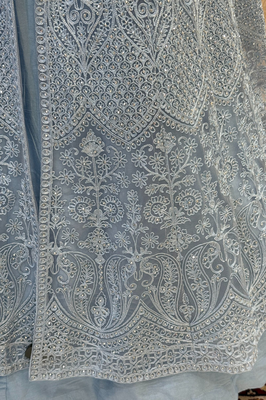 Sea Blue Zari Thread and Stone work Mastani Styled Long Top Lehenga