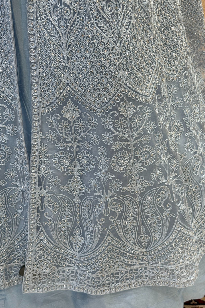 Sea Blue Zari Thread and Stone work Mastani Styled Long Top Lehenga