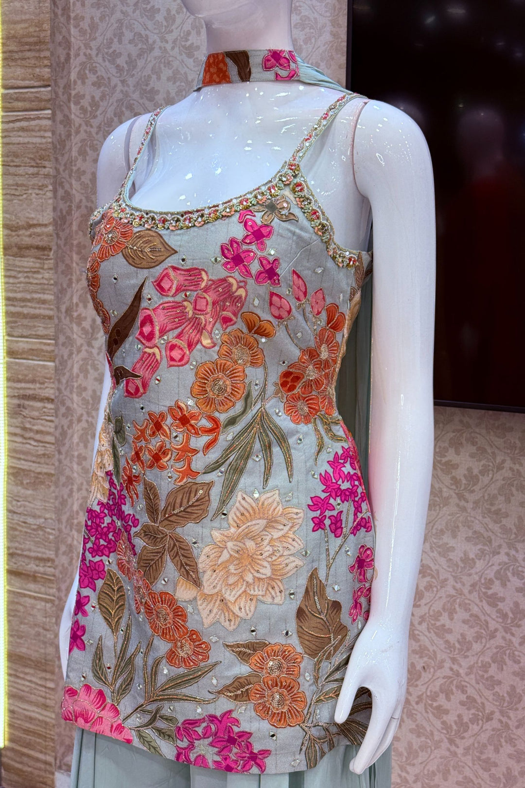 Aqua Blue Mirror, Sequins, Zari and Beads work with Floral Print Palazzo Salwar Suit