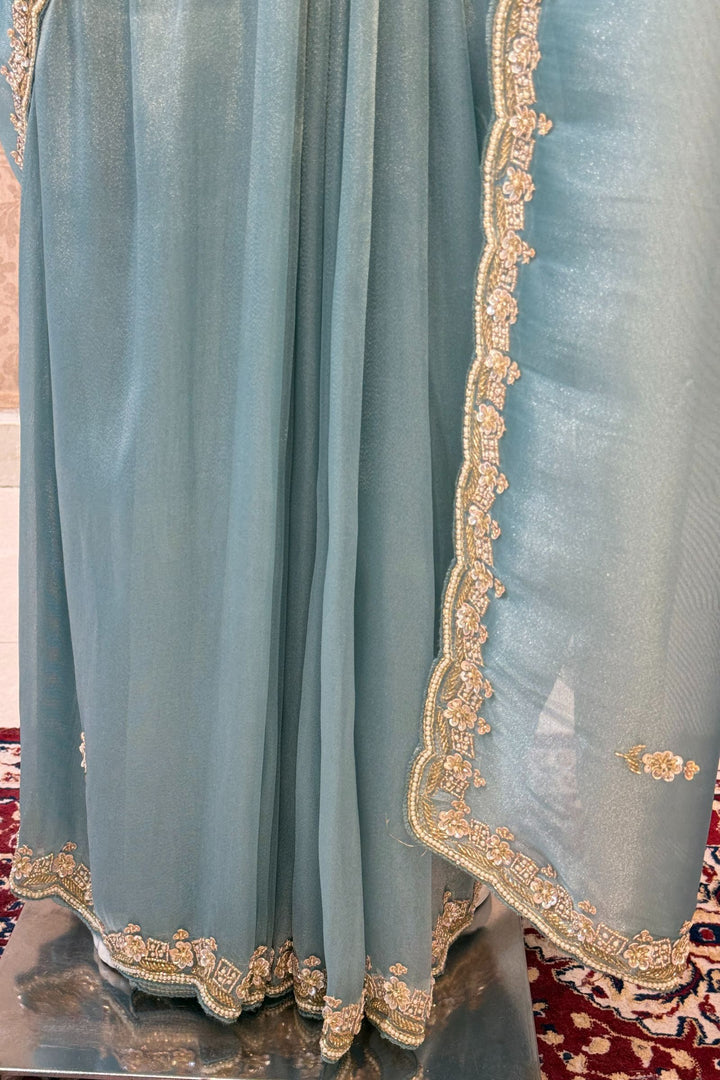 Firozi Blue Beads, Sequins, Zari and Pearls work Saree