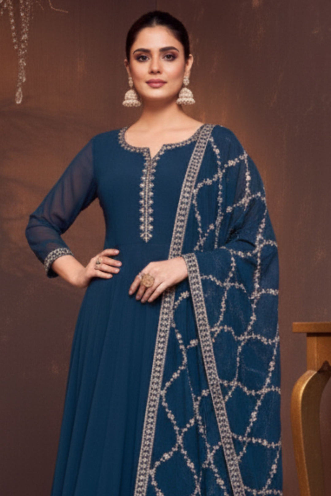 Peacock Blue Stone, Sequins, Zardozi and Beads work Aline Cut Salwar Suit