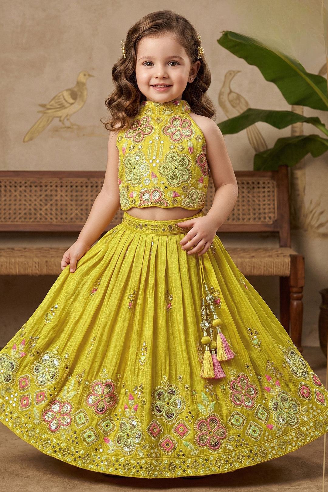 Lemon Green Halter Neck Girls Lehenga Choli with Emboridery, Beads and Sequins work