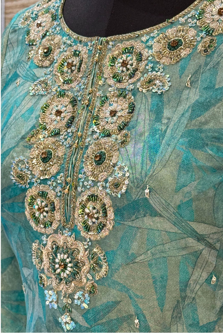 Rama Blue Zardozi, Beads, Sequins, Pearl, Stone and Banaras work Palazzo Salwar Suit