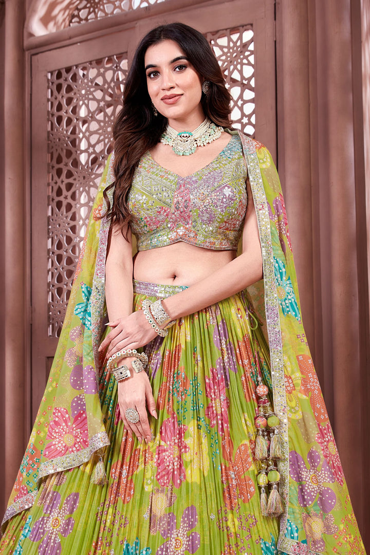 Liril Green Sequins and Zari work with Floral Print Crop Top Lehenga