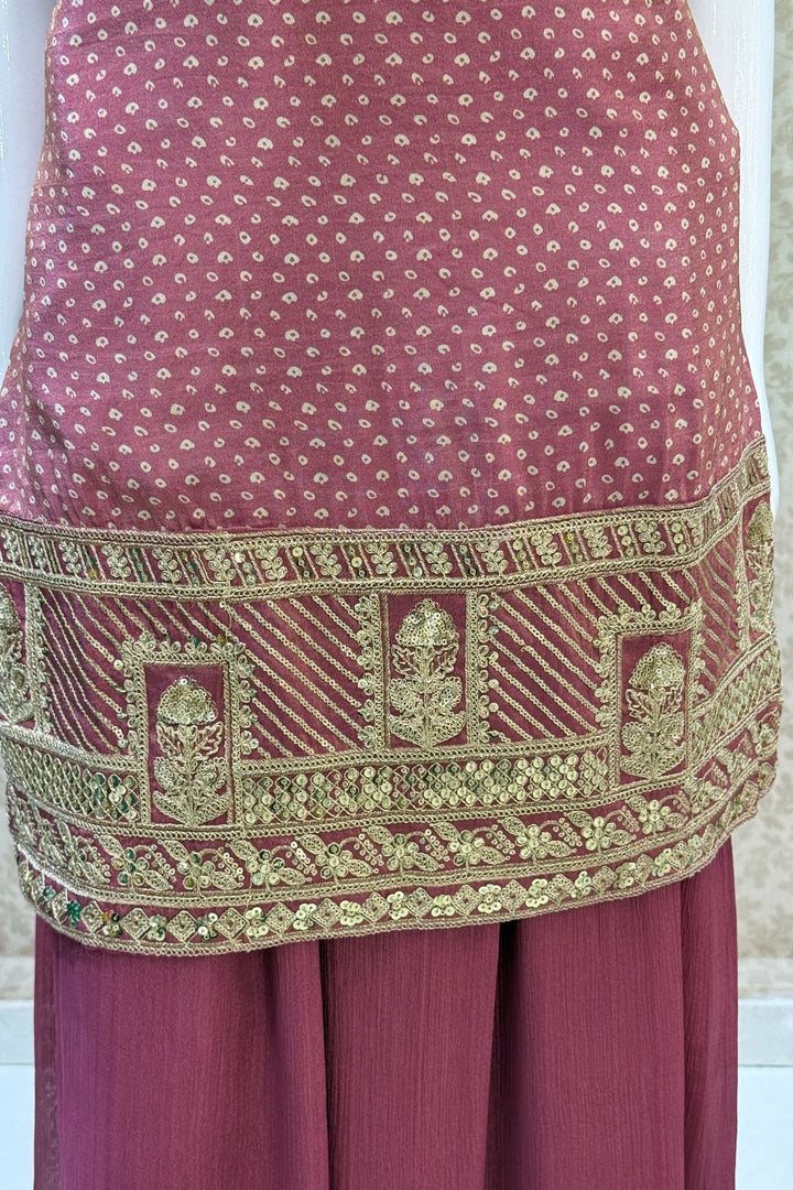 Onion Pink Sequins, Beads, Stone and Zari work with Bandini Print Palazzo Salwar Suit